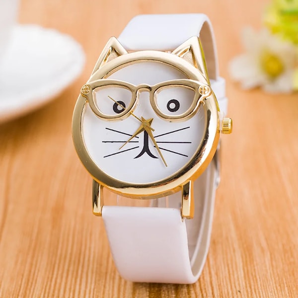Dam Geneva Watch Läderarmband Analog Quartz Armbandsur Leopard Cat Face Glasögon Barnklocka Damklocka Watch Feminino Leopard