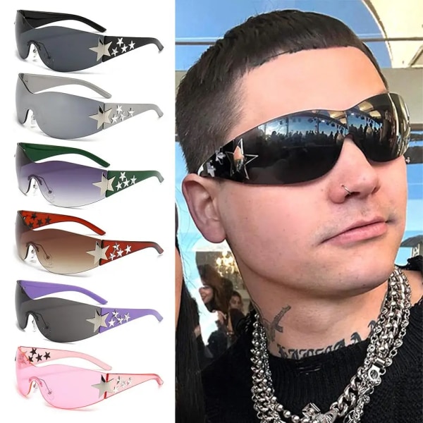 Punk One Piece Solglasögon Goggle Nya Y2k båglösa solglasögon 2000-talsglasögon Glasögon UV400 Kvinnlig designer femstjärniga glasögon A8