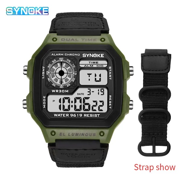 SYNOKE Digital Watch för män Led Vattentät Man Nylon Klockor Lyx Sport Man Armbandsur Stor väckarklocka Relojes Deportivos Green-black strap