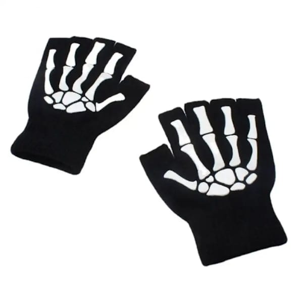 Lysande skelett fingerlösa handskar för män Kvinnor Tonåringar Skeleton Skull Cykling Vandring Vinterhandskar Gotiska stickade svarta handskar 1 pair free size