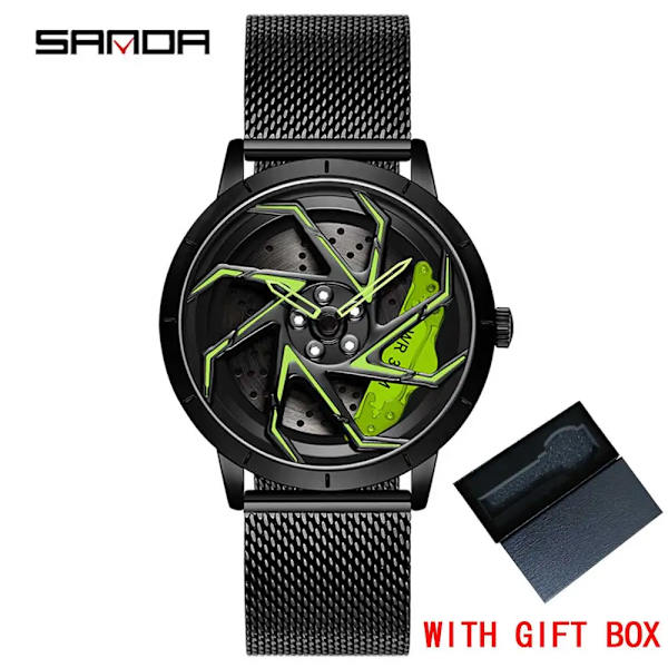 Mode Hot Sell Bilfälg Herr Klockor Rostfritt stål Vattentät watch 360 graders roterande hjul Fälgskiva Quartz Armbandsur Mesh bk green box
