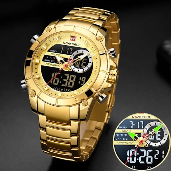 NAVIFORCE Luxury Original Watch för män Kvartsstål Vattentät Dual Display Modeklockor Relogio Masculino 9163 RGBEBE BOX