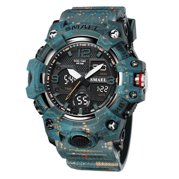 SMAEL Camouflage Sport Digital Watch for Herr Auto Date Chronograph Quartz Analog Watches Luxury LED Electronic Arms Watch 8008 Camo Blue