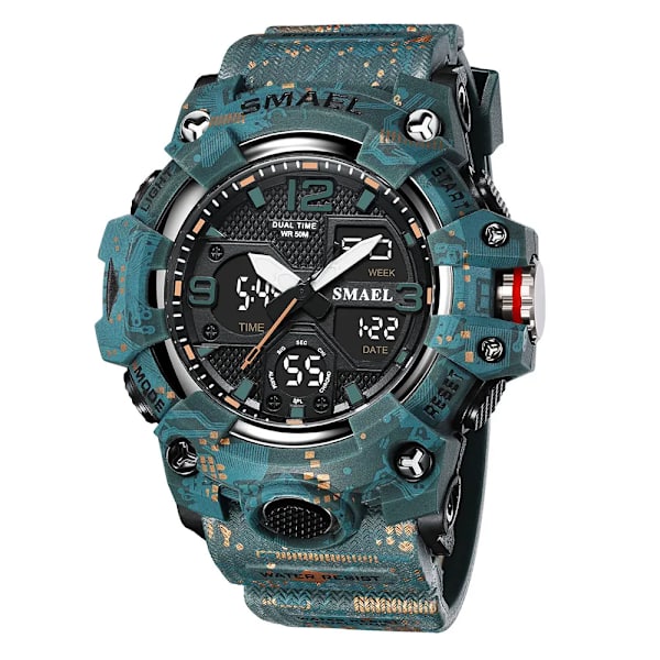 SMAEL Dual Time Watch för män Mode Vattentät Quart Digital Armbandsur Väckarklocka LED Bakgrundsbelysning Kalenderklockor 8008 Camo Blue