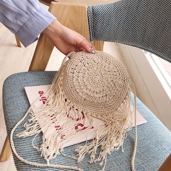 Gusure Sommar Rund Halm Rottingväska Casual Handgjorda vävda Strandväskor Kvinna Stor kapacitet Axelväskor Resehandväska säck cotton-white
