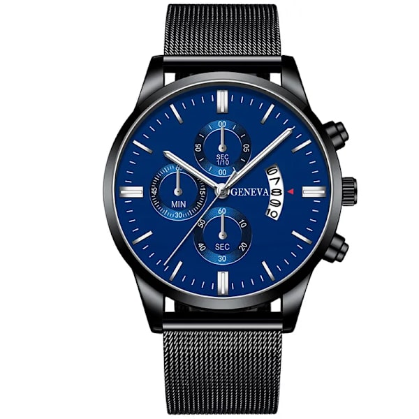 2023 Herrmode Business Kalender Klockor Herr Lyx Blå Rostfritt stål Mesh Bälte Analog Quartz Watch relogio masculino Black Blue