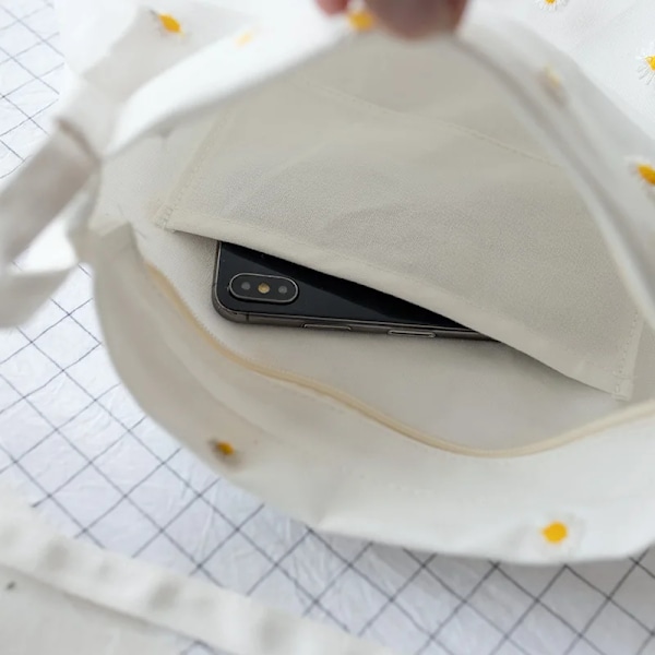 Canvas liten axelväska Handväska Söt shoppingväska för kvinnor Shopper Kvinnliga tjejer Miljöåteranvändbara hopfällbara väskor Beige