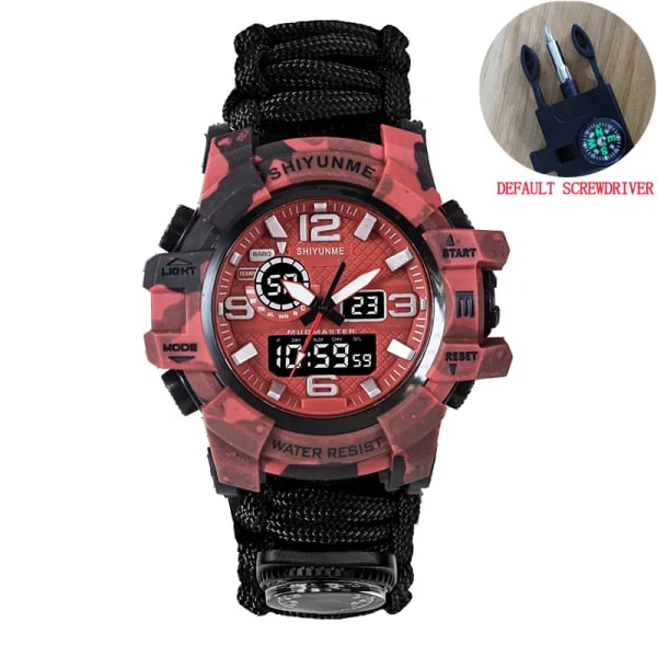 Män Militärsport LED Digitala klockor Kompass Utomhus Överlevnad Multifunktion Vattentät Herr Quartz Watch Relogio Masculino camouflage Red