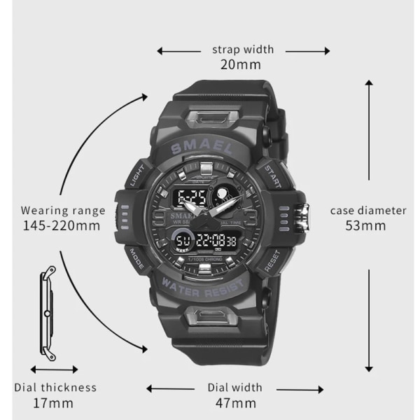 SMAEL Watch Digitalklocka LED 50m Vattentät Militärarmbandsur Manklockor 8063 Herrklockor Stoppur Väckarklocka BLACK