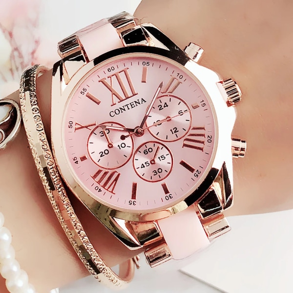 Dammode Rosa Armbandsur Watch Lyx Toppmärke Quartz Watch M Stil Kvinnlig Klocka Relogio Feminino Montre Femme rose gold silver