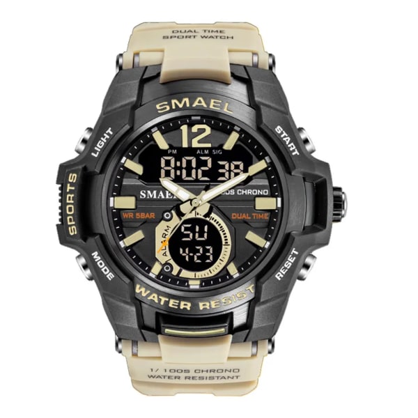 SMAEL Dual Time Army Watch för män Lysande Vattentät Quart Digital Armbandsur Väckarklocka LED Bakgrundsbelysning Kalender 1805 Khaki