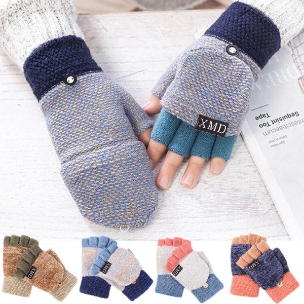 Förtjockning Ull Stickade Handskar Vintervarma Kvinnor Halvfinger Flip Vantar Handskar Utomhus Flickor Fingerlösa fingerexponerade handskar C- Gray One size