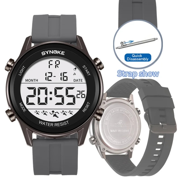 SYNOKE Lättläst Watch Stora siffror Coola klockor 50M Water Resist LED Ultratunna elektroniska armbandsur Military reloj hombre Gray watch