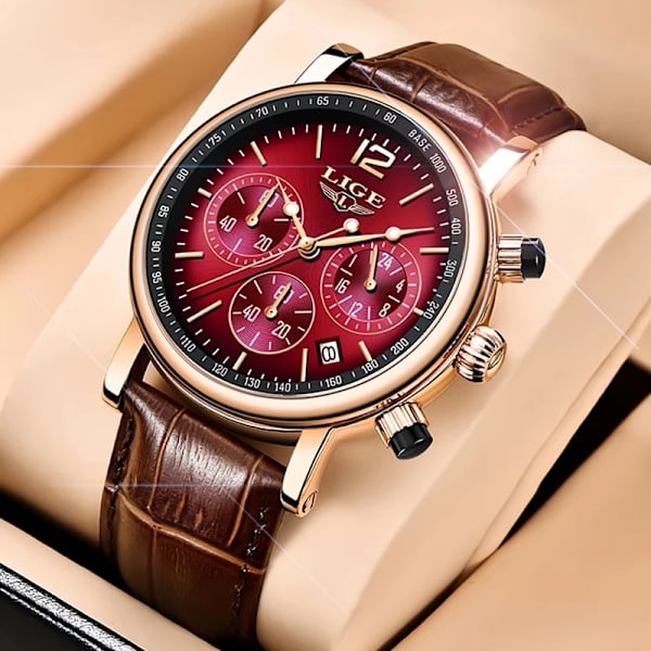 LIGE Watch Kvinnor Casual Damklockor Toppmärke Lyx Watch Läder Vattentät Quartz Armbandsur Damklockor Reloj+box Red(.242)
