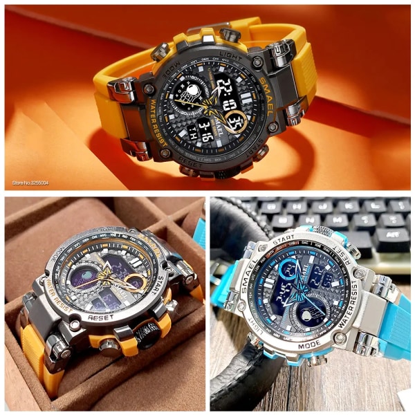 SMAEL Light Blue Sport Digital Watch för män Vattentät Dual Time Display Chronograph Quarz Armbandsur med Auto Date Week 1803B Black Gold-Box