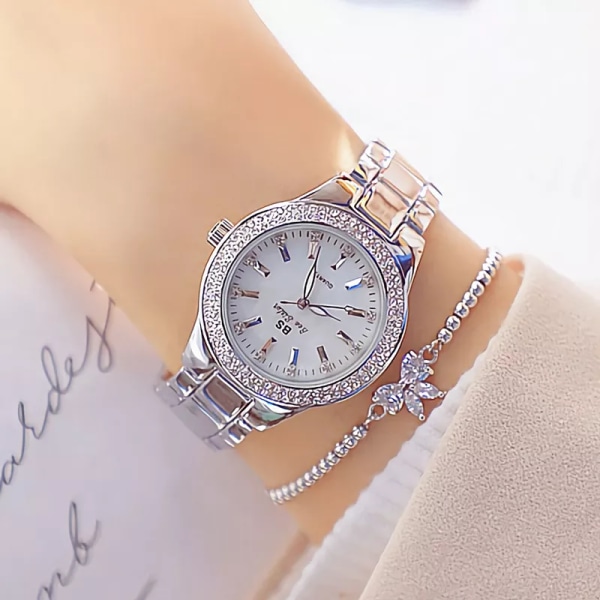 2023 Damarmbandsur Klänning Watch Dam Kristall Diamantklockor Rostfritt stål Silverklocka Dam Montre Femme 2022 silver gold set