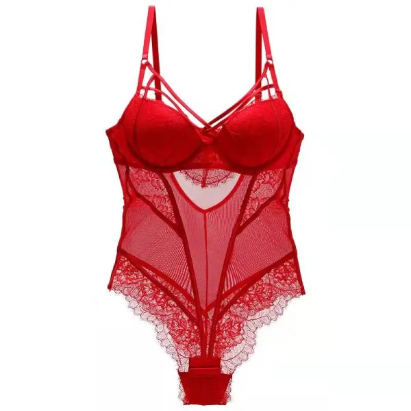 Sexig Body Underkläder Kvinna Ett stycke Spets Transparent BH Trosor Set Push Up Bygel 3/4 Cup Slim Fit Underkläder För Dam Red