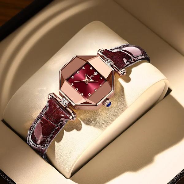 1 st Quarts watch för kvinnor Utsökt fritid läcker vinfärgad läderrem Rhinestone Watch Red
