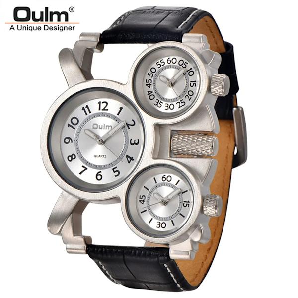 Punk stil män klockor Oulm 1167 New Retro Man Quartz Watch Unik 3 Tidszon Quartz Clock Läder Man Military Armbandsur white
