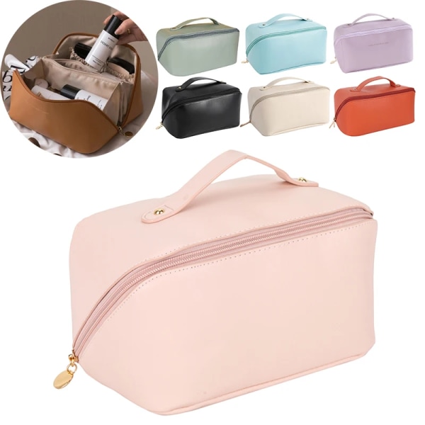 Bärbar kosmetisk väska för resor Kvinnor med stor kapacitet Makeup Organizer Handväska Kudde Toalettpaket Retro case Brown-logo