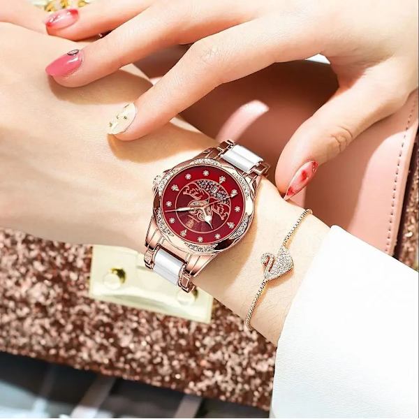 POEDAGAR Watch Lyx Quartz Diamond Rose Gold Keramik Stålklockor Vattentät Lysande schweiziskt märke Damarmbandsur Pink