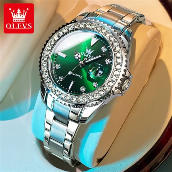 OLEVS Original Diamanturtavla Watch för Dammode Damklockor Rostfritt stål Vattentät Lysande Damarmbandsur Metal Silver Green