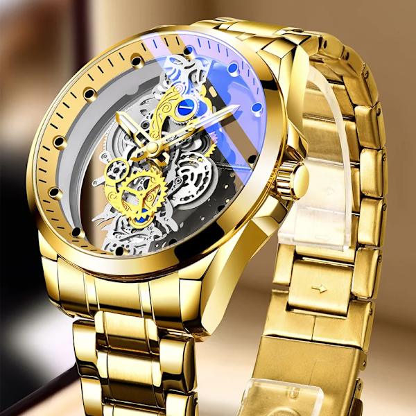 Armbandsur Double Hollow Automatisk Machine Rostfritt Stål Watch Icke-mekanisk Quartz Movement Tourbillon Watch for Herr silver