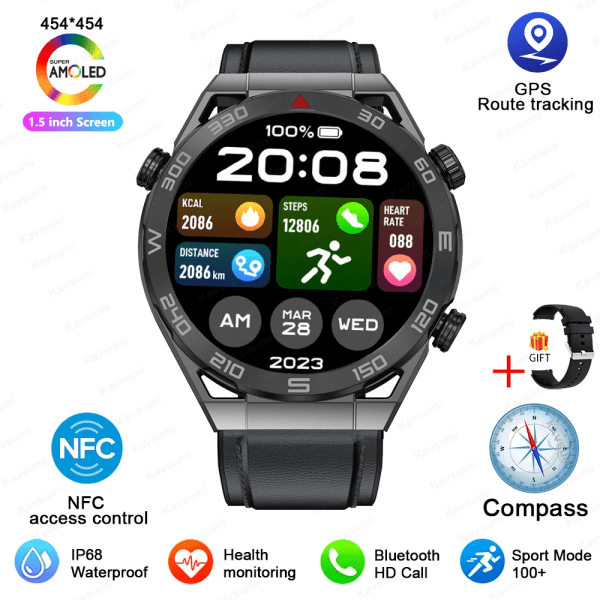 Ny NFC Smart Watch Herr Smart Bluetooth Call Sport GPS Track Smartwatch Dam Hjärtfrekvens EKG PPG Smartwatch För Android ios Black Leather Original box