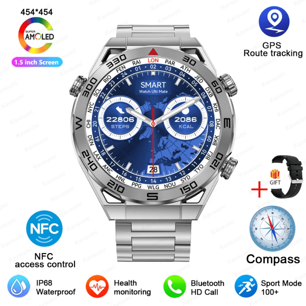 Ny NFC Smart Watch Herr Smart Bluetooth Call Sport GPS Track Smartwatch Dam Hjärtfrekvens EKG PPG Smartwatch För Android ios Silver Steel Original box