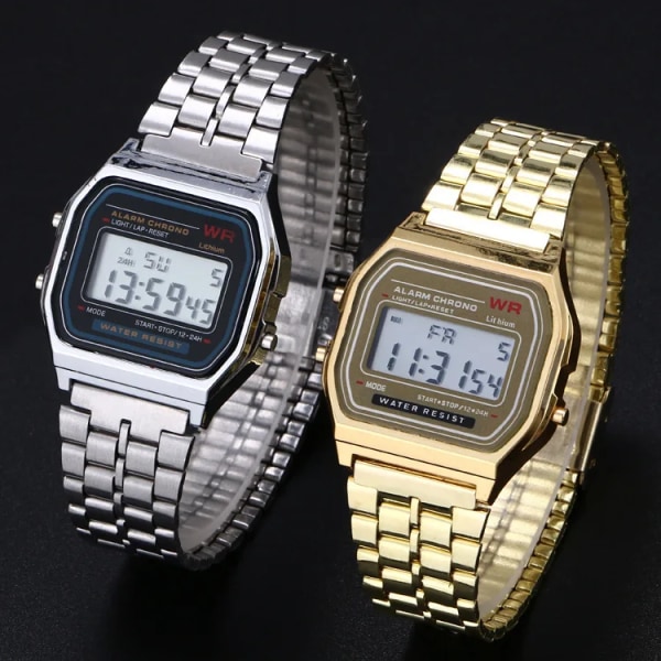 F91W stålarmbandsur Watch Herr Business Klocka Multifunktion LED Digtal Watch Elektronisk klocka Silver