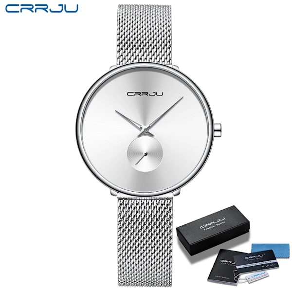 CRRJU Mode Watch Lyx Casual Enkel Dam Klänning Mesh Armbandsur Minimalistisk Vattentät Kvartsklocka Silver White BOX