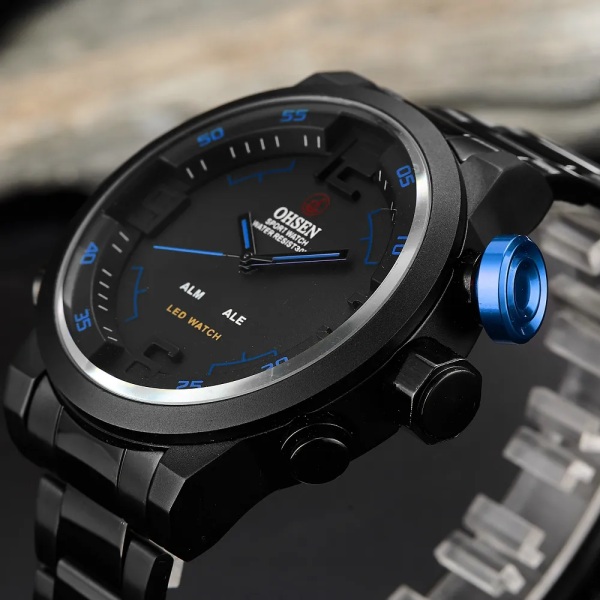 Nytt märke OHSEN Digital Quartz Herr Business Armbandsur Vit Helt stålband Mode LED Militärklänning Casual Watch Present Black Blue Watch