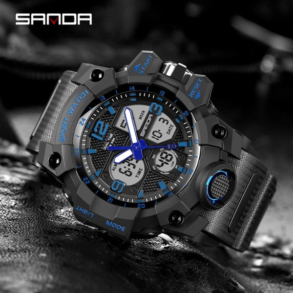 SANDA New Fashion Sport Militär Watch för män Digital Quartz Dual Display Klockor Vattentät Casual Watch för män black gold
