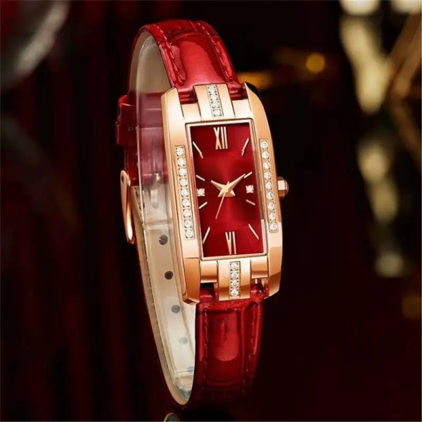 Damklockor Mode Square Dam Quartz Watch Armband Set Green Dial Simple Leather Luxury Women Watches Red