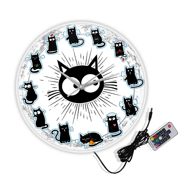 Svart Katt Glädje Stil Väggklocka Kattungar Väggkonst Tyst Klocka Cartoon Katter Barnrum Barnkammare Dekorativ Väggklocka Kattälskare Present White Frame With LED