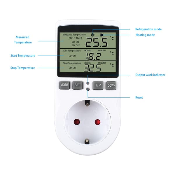 230V temperaturregulator med timer og probe - afbryder til drivhus, terrarium, akvarium, frøspiring, opvarmning og køling