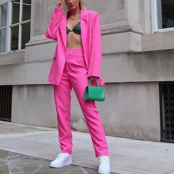 Dameblazer og vide bukser Casual todelt sett Rosa Rose L