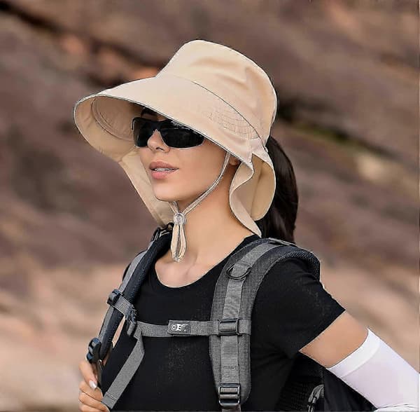 Solhattar för kvinnor UV-skydd Vikbar bred brätte Hästsvanshål Sommar Herr Strandhattar med nackskydd Beige