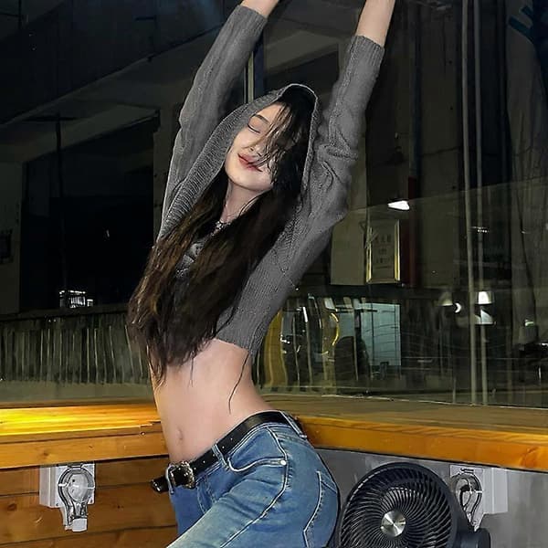 Trendy ny langærmet crop top med hætte til kvinder, crop top i crop top-model grå grey M