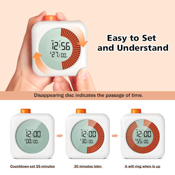 Digital visuel timer 3-i-1 – Timer, ur og vækkeur, 60-minutters nedtælling, til børn og hjem Rosa