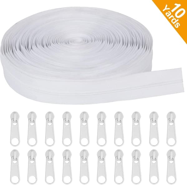 1 rull glidelåser - Endeløse glidelåser - Nylon glidelåser - Inkluderer 20 utskiftbare glidelåshoder (hvit)