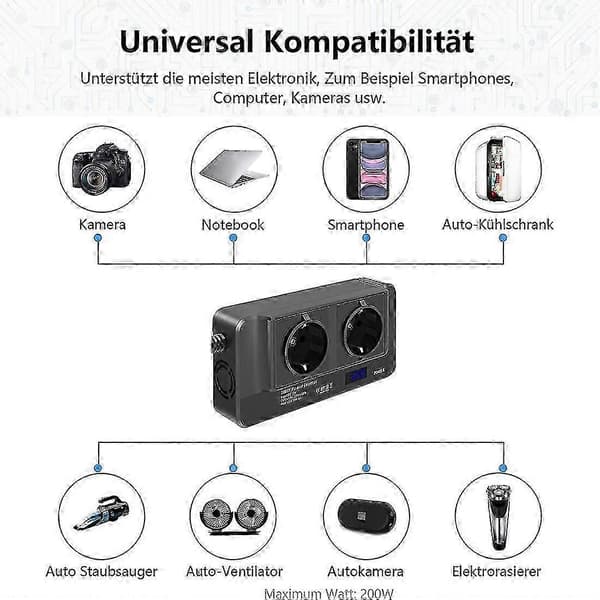 200w bilomformer, spændingsomformer 12v til 220v med smart tidsdisplay LCD, 2 stik og 4 USB C[zd]