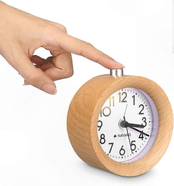 Retro väckarklocka i trä med snooze och ljus - Tyst analog bordsklocka för sovrum eller kontor Hellbraun