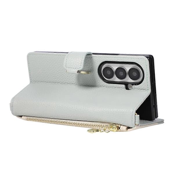 Kompatibel med Samsung Galaxy Z Fold8 Ultra Plånboksfodral Triangulär skarvning Dragkedja Läder Telefonfodral med handledsrem Blue