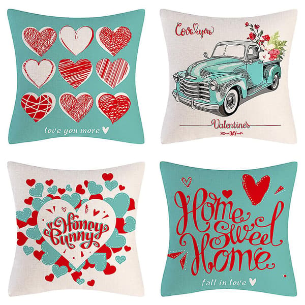 Sæt med 4 dekorative pudebetræk 45 x 45 cm, design med Valentinsdag-elementer, dekoration til sofaen, stole