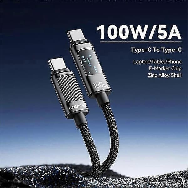 ESSAGER Häikäisevä valoefekti 2m Type-C - Type-C datakaapeli 100W punottu pikalatauskaapeli[zd]