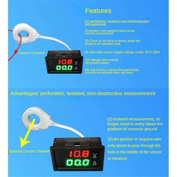 [zd]Hall Amperemeter Voltmeter DC 0-300V 50A Batterimonitor LED Digital Strømspændingsmåler 12V 24V 36V 48V 60V Bil