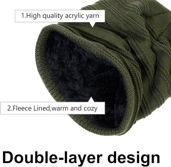 Dam Vintermössa Halsduk Set Kabelstickad Mössa Varm Fleecefodrad Vintermössa med Halsvärma Army Green