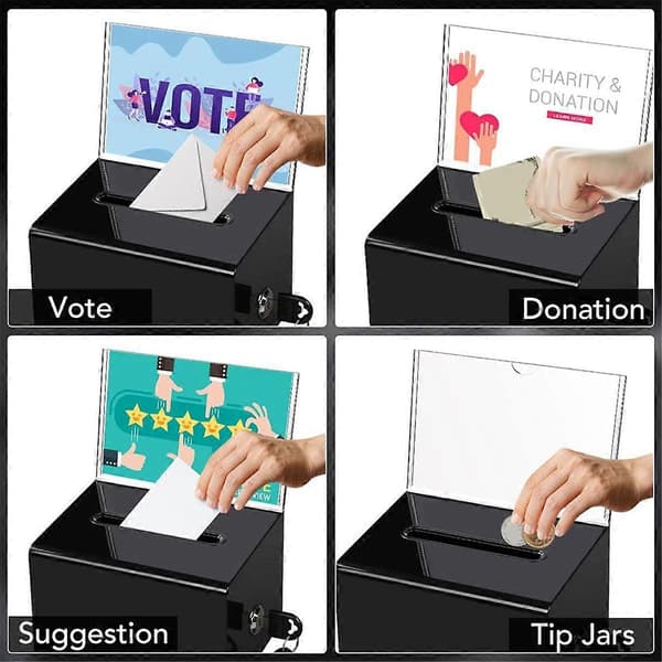 1-pak akryl donationsboks med lås, sort stemmeboks med skilteholder, indsamlingsforslagsboks