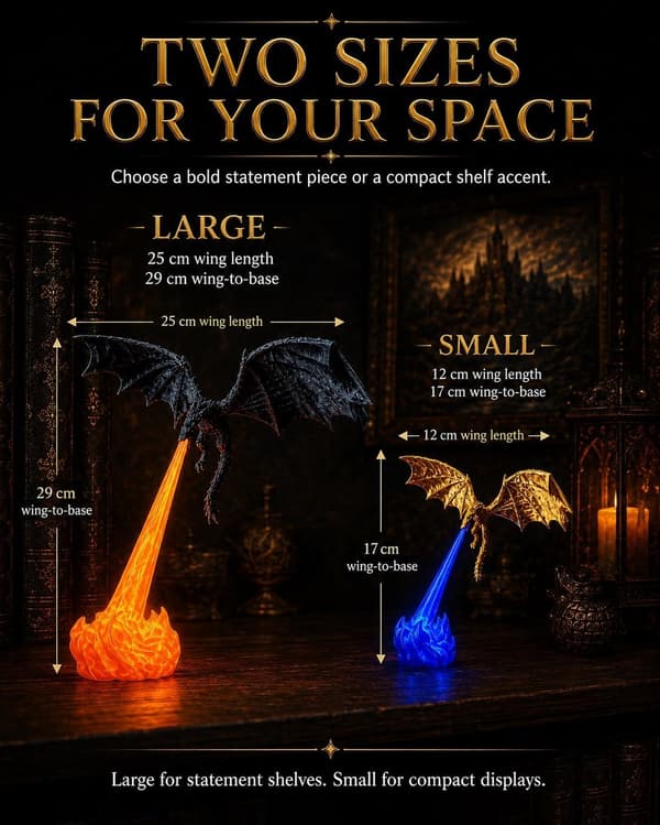 Dragon Book Lamp, 3D Printed Flying Fire-Breathing Bookshelf Decoration | Winged Dragon Large and Small Options RED Flame RED Flame L